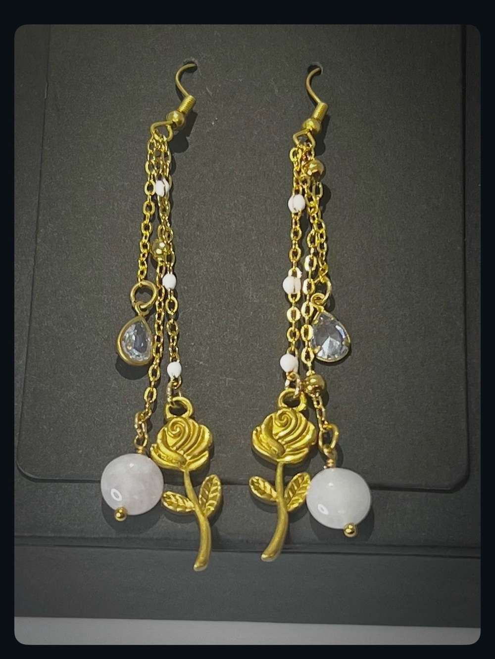18k Gold Rose Crystal  Dangle Earrings w Natural White Quartz Stone